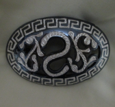 Oval Steel w/ Silver Inlay Belt Buckle with Black Finish with Brand - Open Work
