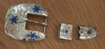 Square Concho with Flower - German Silver w/ Turquoise 3-Piece Buckle set
