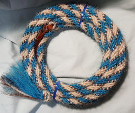 Mane Horsehair Mecate Colored Blue, White with Brown & White Specks  - Pattern Blue I --  22 feet, 5/8" diameter