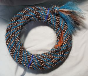 Mane Horsehair Mecate Colored Blue, Black & White Specks  - 22 feet, 5/8" diameter - Pattern Blue H