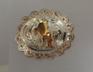 2" Sterling Overlay Oval Concho for Cantle with Horse in Jewelers Bronze