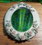 Vintage Gorgeous Hand Painted Table Top Oval Mirror - Pink Roses 12" x 9-3/4"