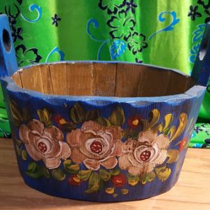 Vintage Hand Painted Wooden Barrel Flower Arrangement Blue Base - Made in Germany