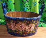 Vintage Hand Painted Wooden Barrel Flower Arrangement Blue Base - Made in Germany