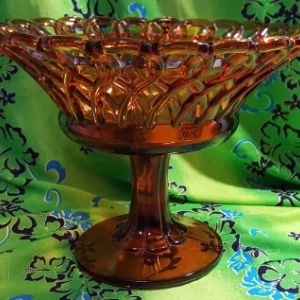 Vintage Amber Glass Pedestal Bowl - Basket Weave Lattice