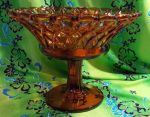 Vintage Amber Glass Pedestal Bowl - Basket Weave Lattice