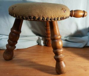 Vintage - Mid Century Solid Maple Wood Milking Stool w/ Needlepoint Tapestry 12"